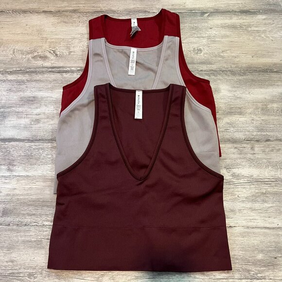 Set of 3! Athleta Aurora Seamless Crop Rib Tanks - Red, Wine, Lavender - Large - Picture 2 of 13